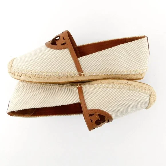 New TORY BURCH Natural Beige Tan Canvas Logo Slip-on Flat Espadrilles 9.5